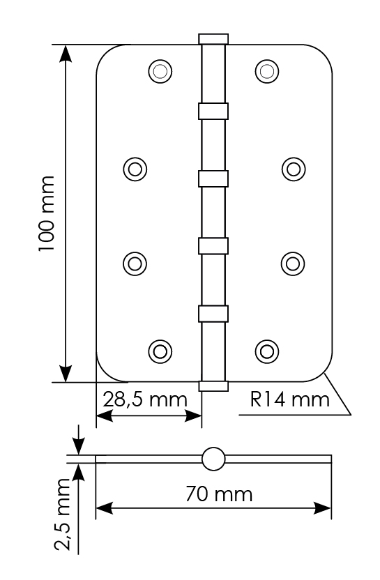 Петля стальная MSN-C 100X70X2.5-4BB SN скругленная универсальная с подшипником, вес полотна до 40 кг, цвет белый никель фото купить в Красноярске